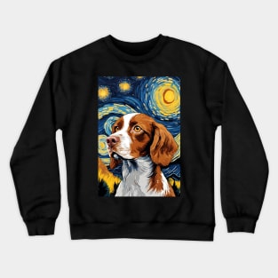 Cute Brittany Spaniel Dog Breed Painting in a Van Gogh Starry Night Art Style Crewneck Sweatshirt